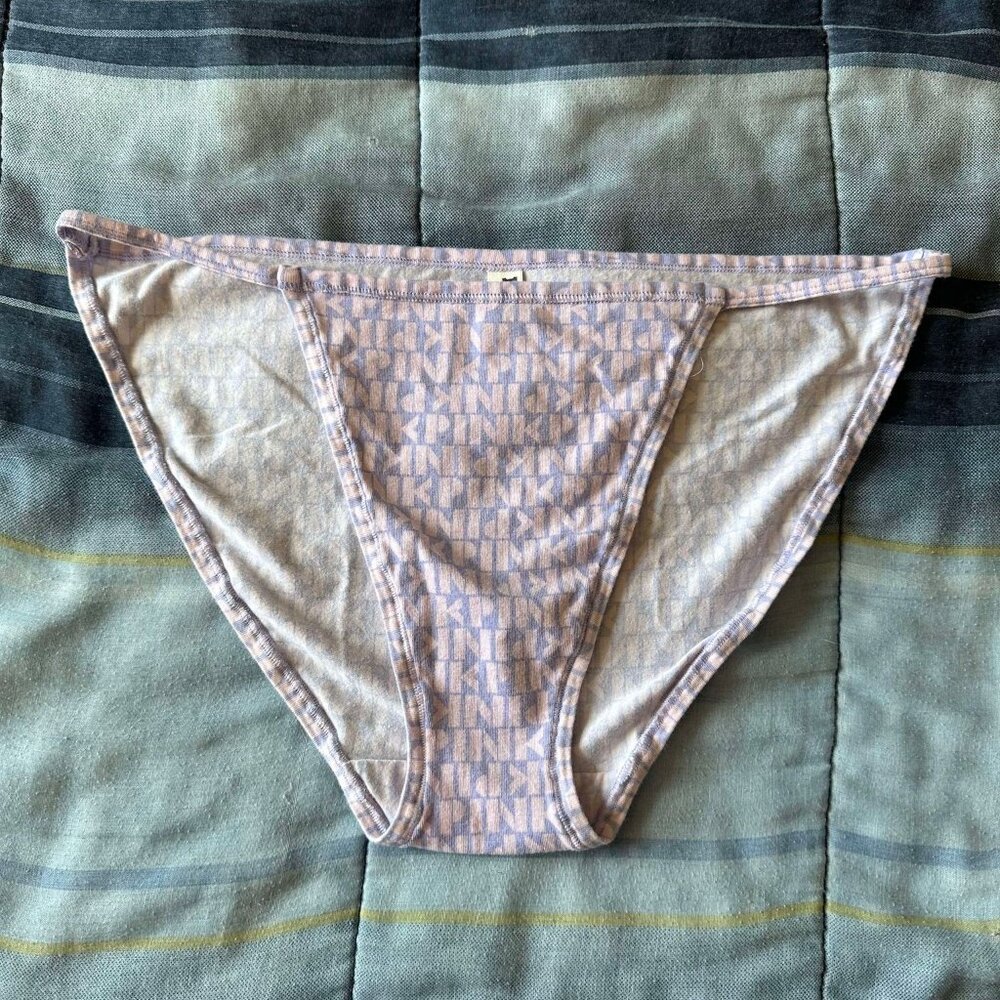 VS PINK Cotton String Bikini Panty XL Purple Cloud Pink Logo Print NWOT